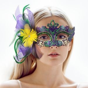 Gold Purple Feather Venetian Face Mask Cat Eye Masquerade Costume Mardi Gras